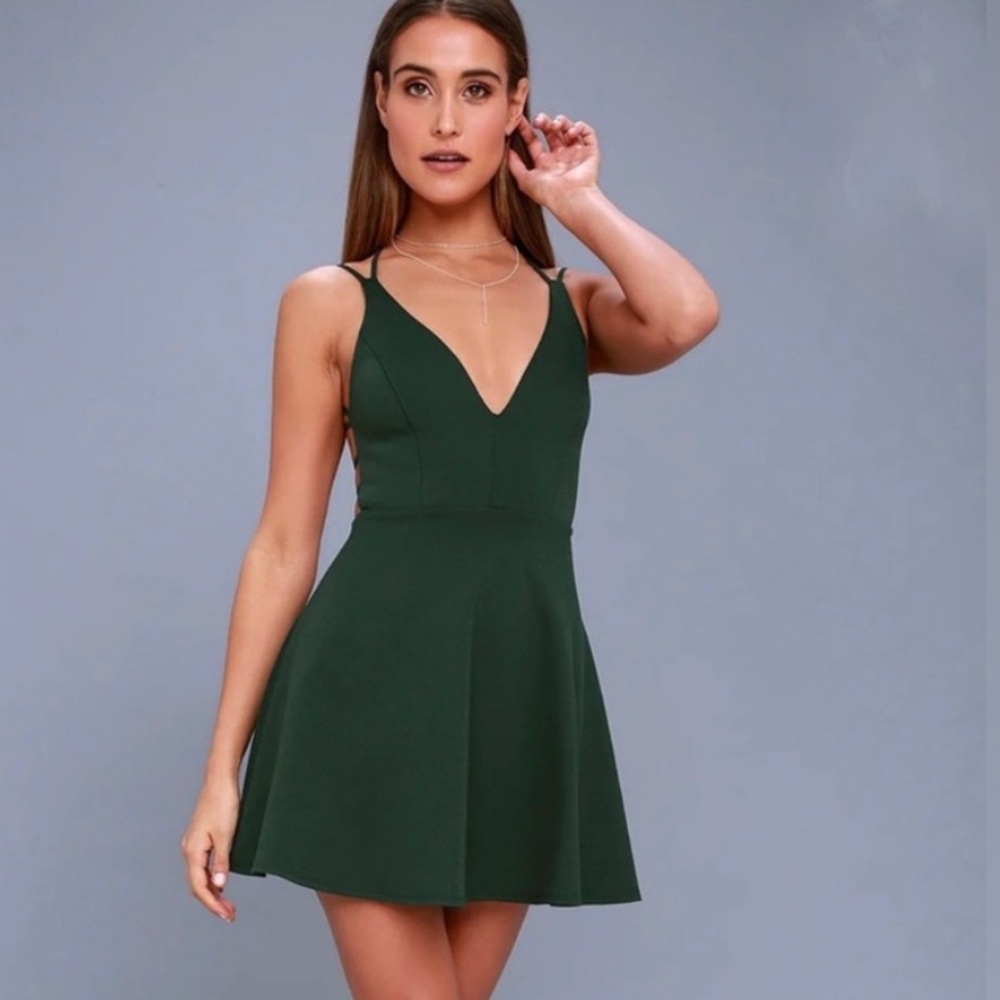 LuLus Believe in Love Forest Green Strappy Backless Skater Dress Size M
